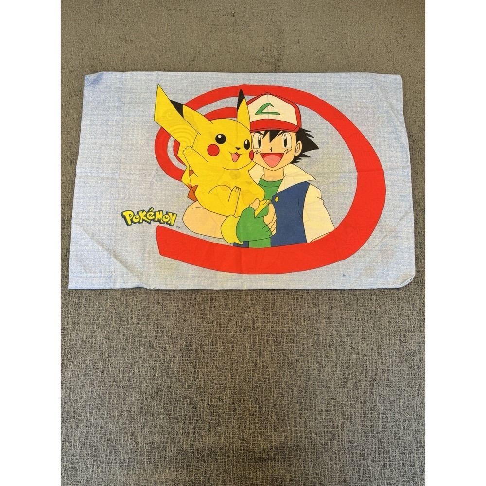 Pokemon Ash & Pikachu Double Sided Pillowcase 19x28" Vtg 90s 1998 Meowth Squirtl